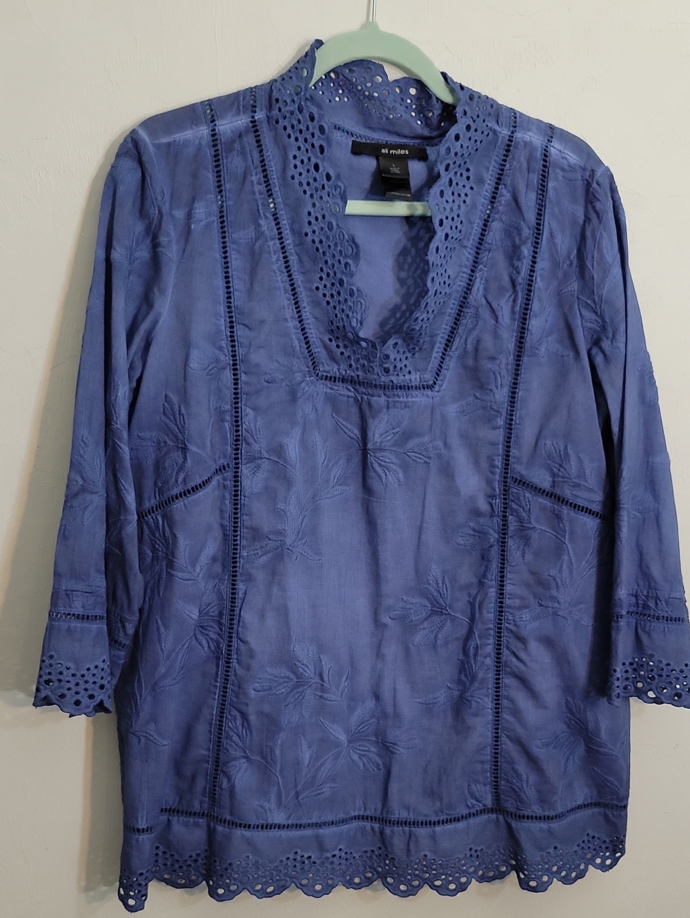 Ali Miles Indigo Embroidered Cotton Tunic Top